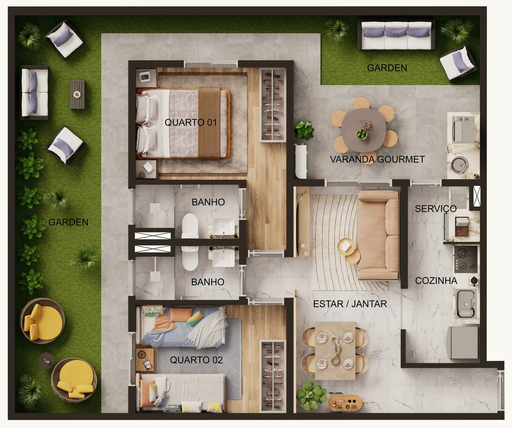 Planta do apartamento Garden Ponta com suíte e área externa ampliada