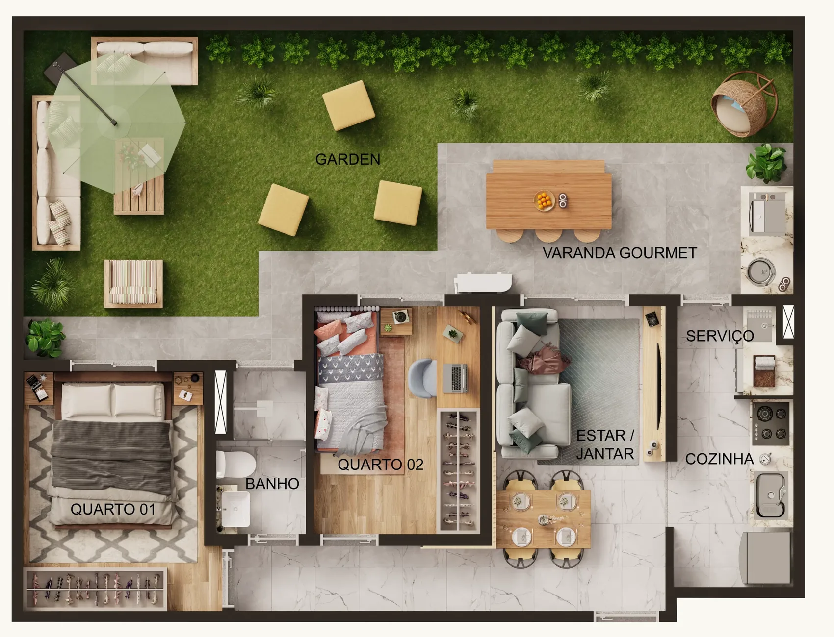 Planta do apartamento Garden sem suíte com quintal