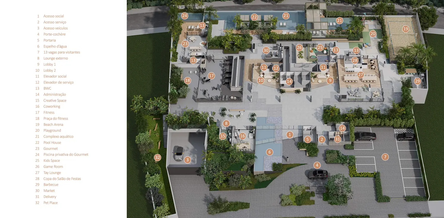 Planta ilustrada do térreo do Tay Vanguard, com a numeração das áreas de lazer: complexo aquático, Beach Arena, Fitness, Gourmet, Tay Lounge, Kids Space, Game Room, Pet Place e mais