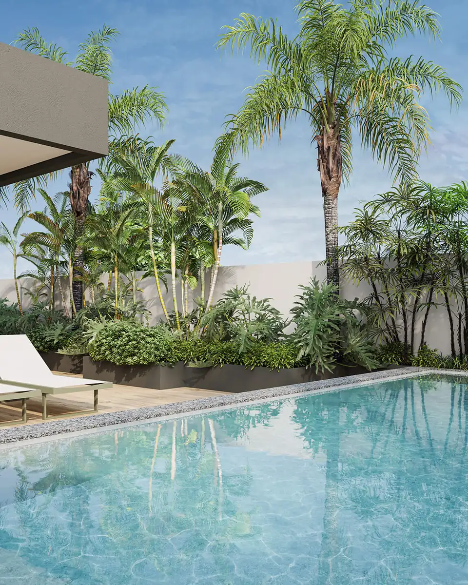 Piscina do Tay Vanguard com deck, espreguiçadeiras e palmeiras